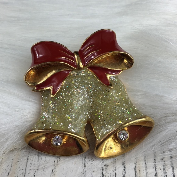 Avon Glitter Bells & Bows Rhinestone Brooch - Picture 1 of 6